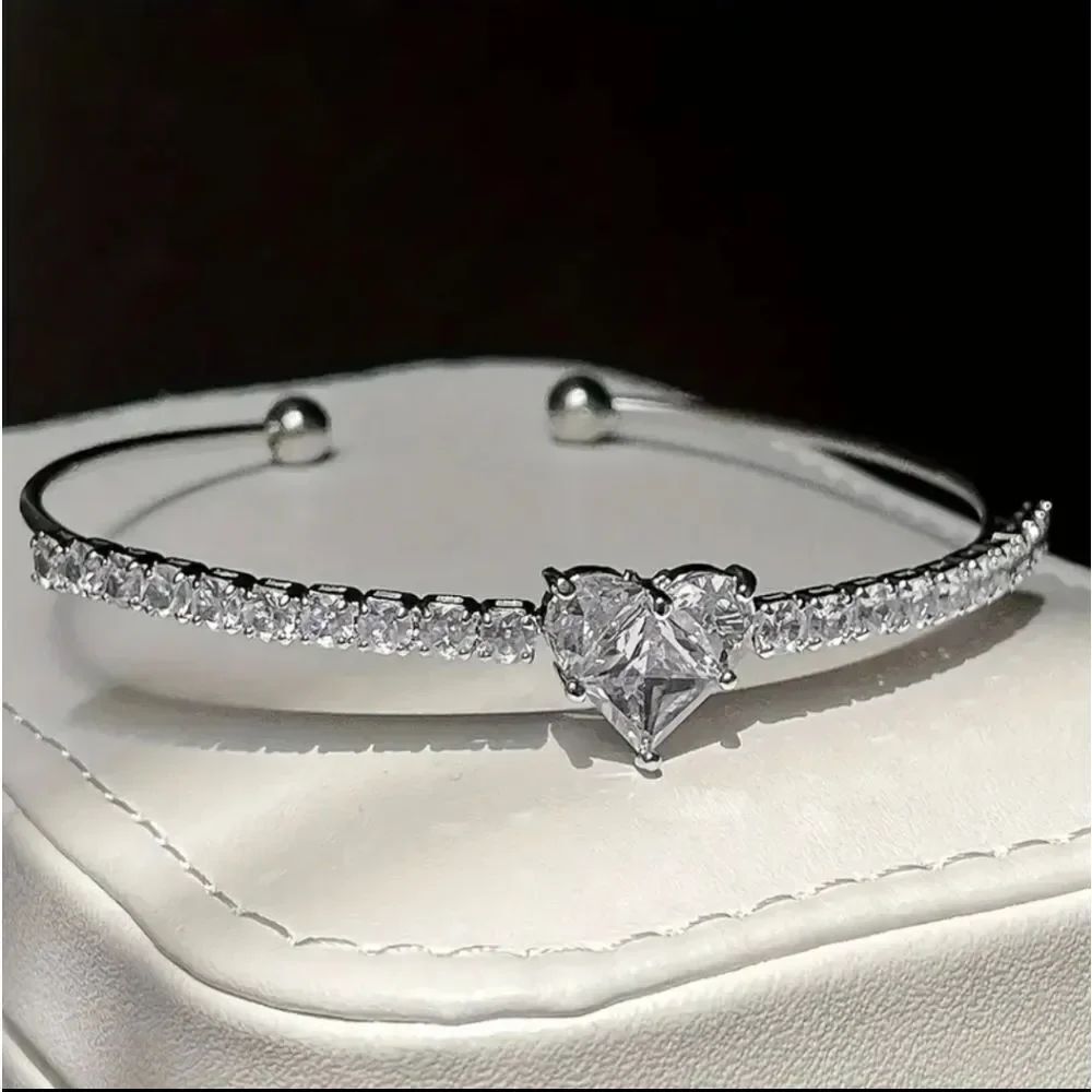 Silver Rhinestone Heart Bangle Bracelet - Picture 3 of 4